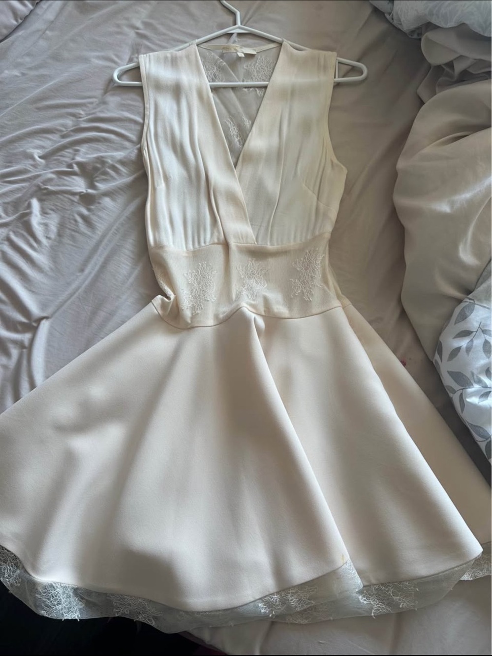 Maje Cream V-Neck Lace-Inset Mini Dress